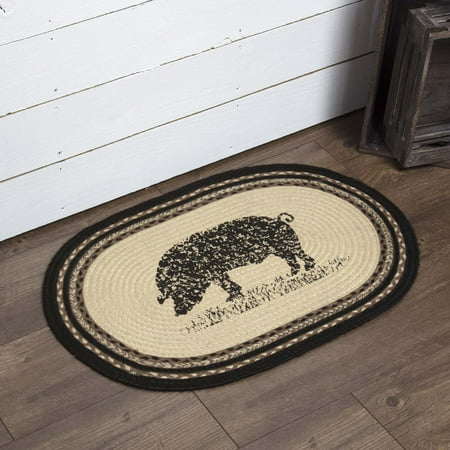Playful Pig Rug Bleached White Farmhouse Flooring Miller Farm Charcoal Pig Jute Stenciled Nature Print Oval Accent Rug ()