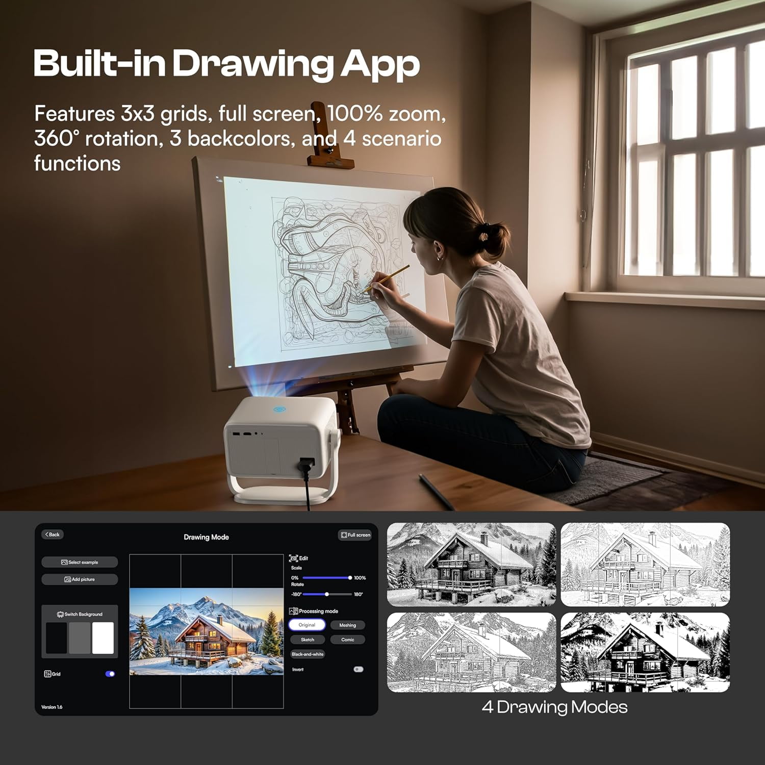Caydo P3 Art Projector with Exclusive Drawing App for Artists, Portable Auto Focus & Keystone Native 1080P Projector for Drawing and Tracing, 40''-120'' Projection, Compatible with iOS/Android