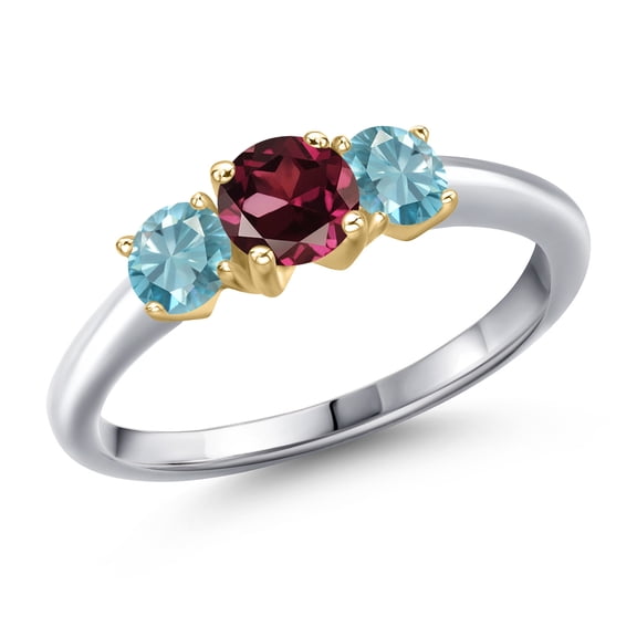 Gem Stone King 925 Silver and 10K Yellow Gold Red Rhodolite Garnet and Blue Zircon Engagement Ring for Women | 1.60 Cttw | Round 5MM | Gemstone January Birthstone | Size 9