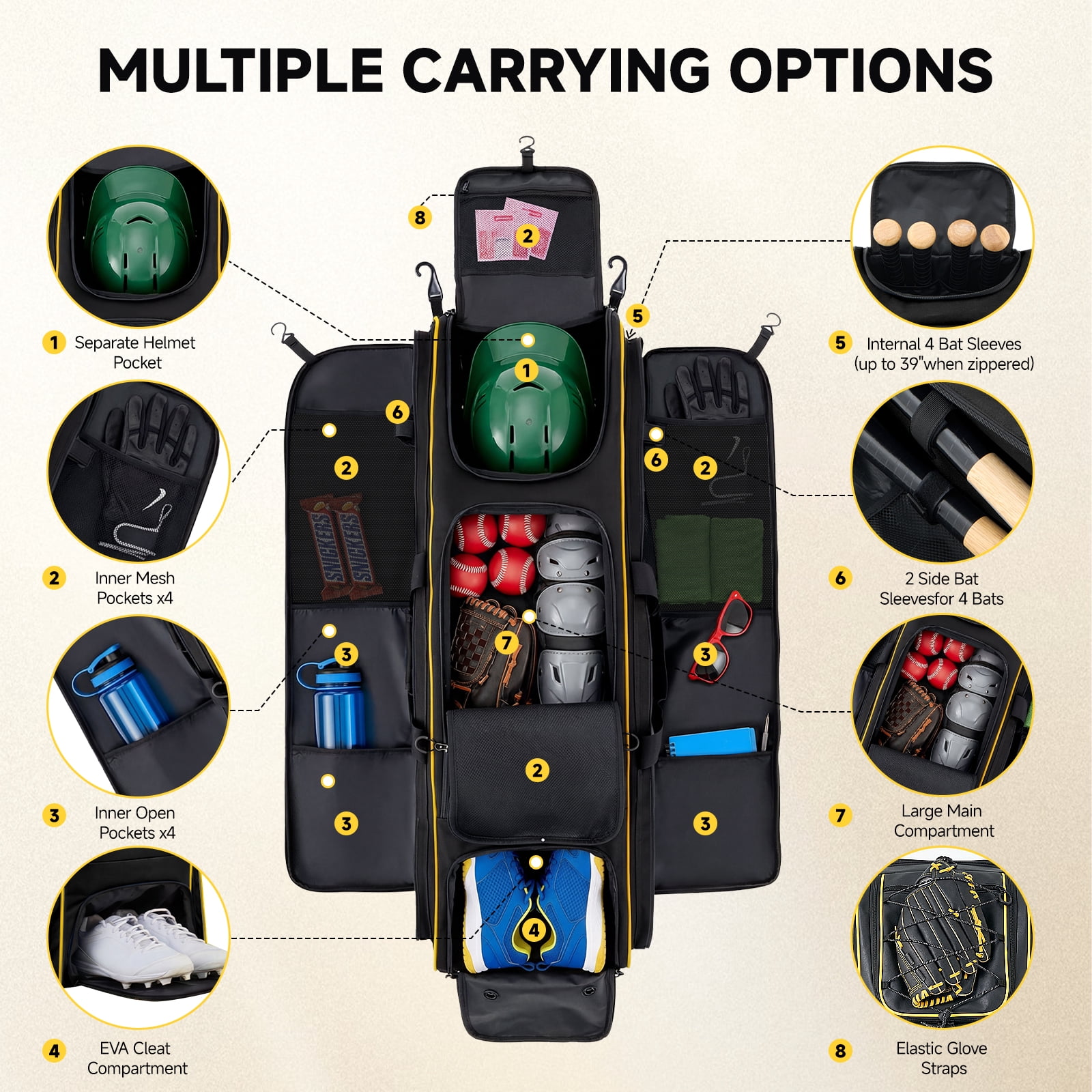 Fegat Rolling Baseball Bag with Wheels,100L Large Softball Bag Catchers Gear Bags for 8 Bats,Equipment Bag with 5 Fence Hooks,Reflective Strip,Shoe Compartment,Holds All Softball Baseball Equipment