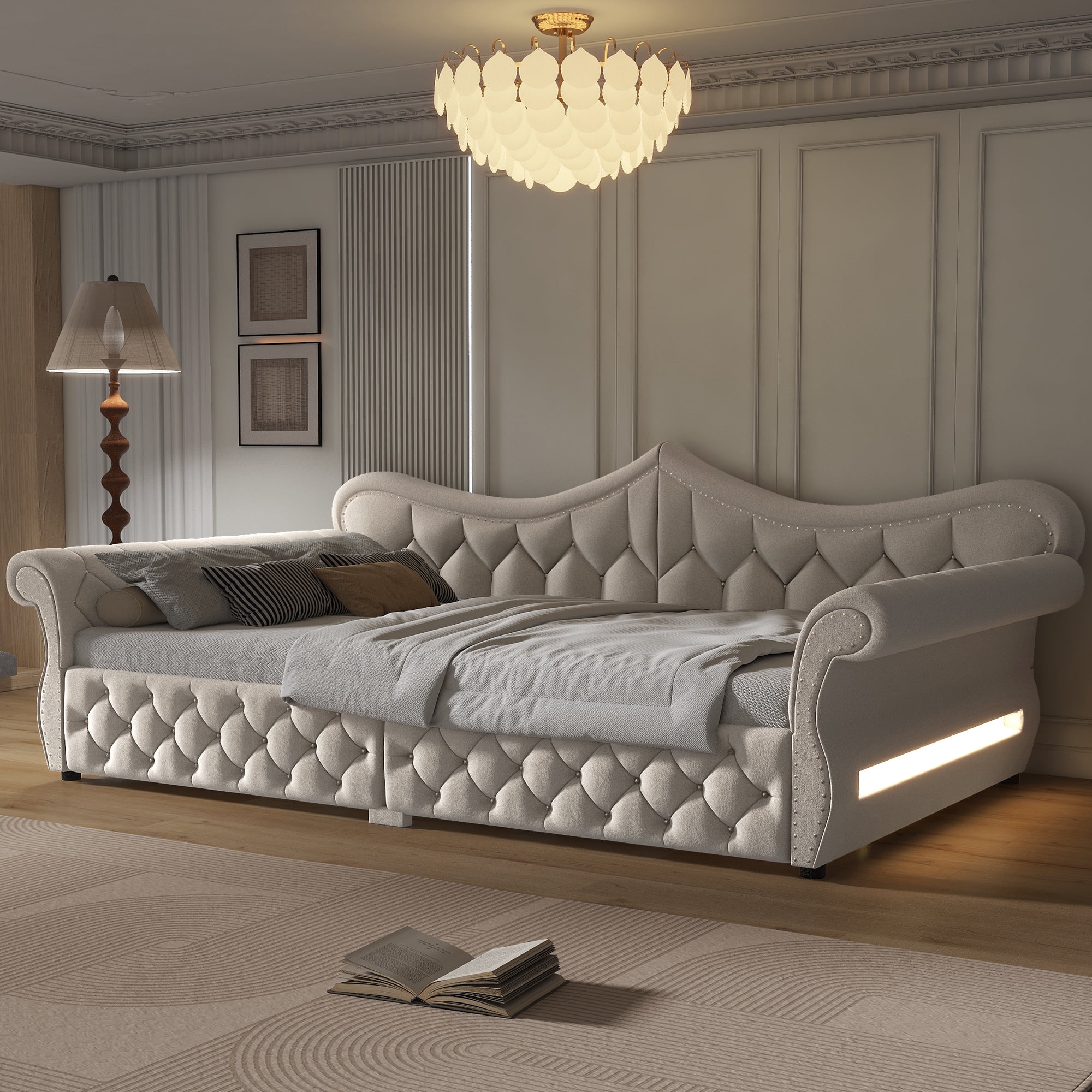 Euroco Upholstery Queen Size Daybed, Sofa Bed with LED Light, Beige