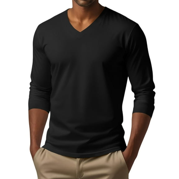 Men's V Neck Long Sleeve Casual T-Shirt Classic Basic Solid Tee Shirts Black L