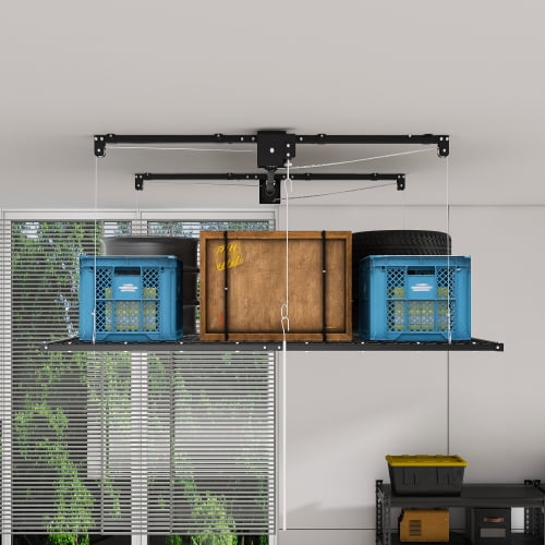 Tuqiang Overhead Garage Storage Rack 4x8 FT for High Ceilings 10-12 FT 350LBS Capacity All-Steel Safety Lock Heavy-Duty Garage Organizer