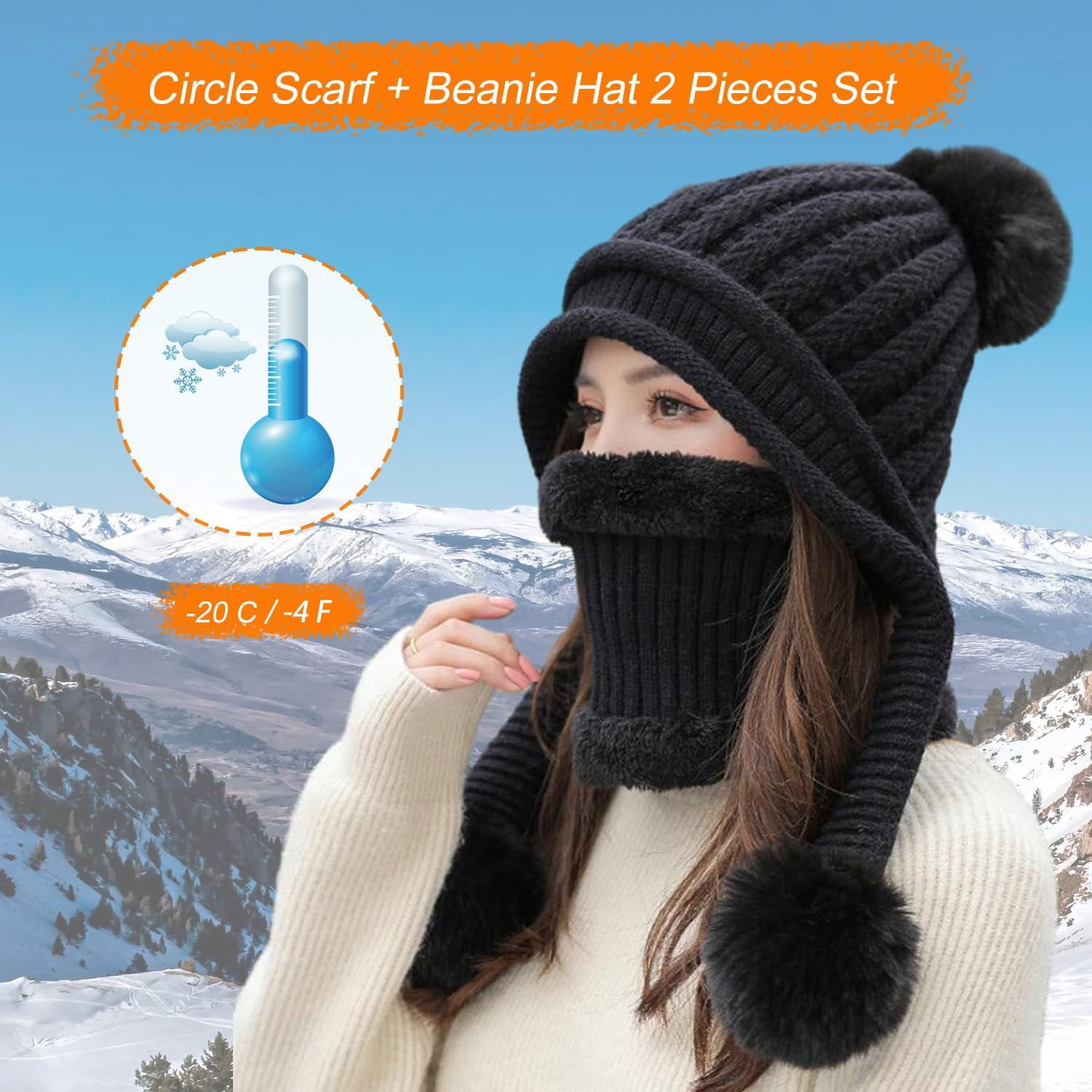 Zhengup Women Winter Beanie Hat Circle Scarf Set Pompoms Peruvian Ski Snow Ear Flaps Sherpa Knit Hats Fleece Lined,S to M Size Head