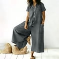 thumbnail image 5 of RYRJJ Womens Cotton Linen Jumpsuits Short Sleeve Button Down Dressy Casual Wide Leg Pants Romper Summer One-Piece Outfits(Gray,XL), 5 of 7