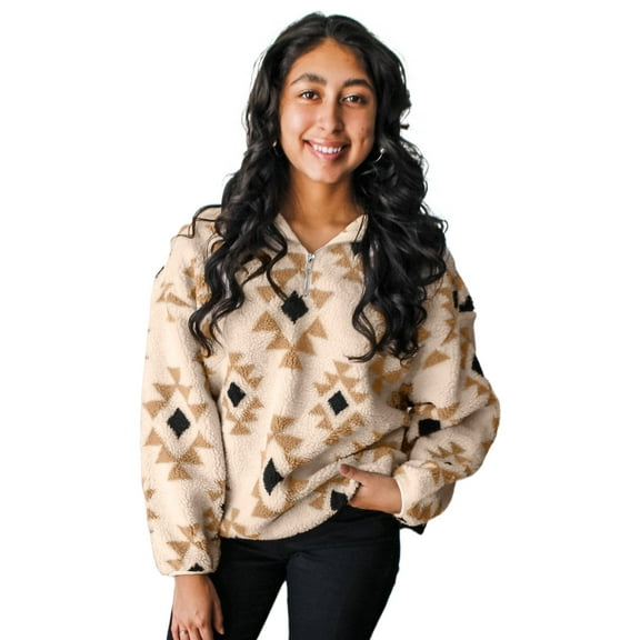 Women's Khaki Aztec Print Sherpa Quarter Zip Sweatshirt - Cozy Winter Layer | [ZhiHiMeRi] | L