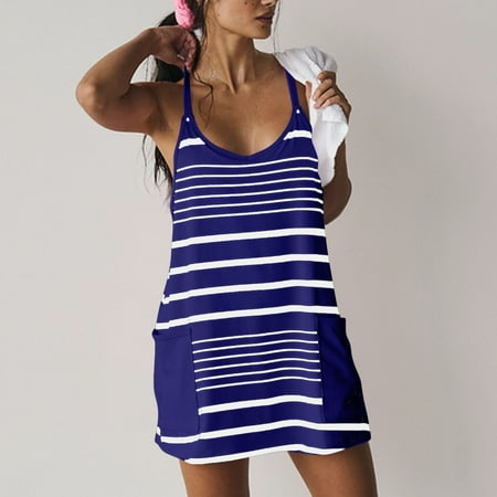 Pitauce Workout Set for Women Sleeveless Mini Sundress + Boxer Shorts Lounge Sets Stripes Printed 2 Piece Pajama Set with Pockets