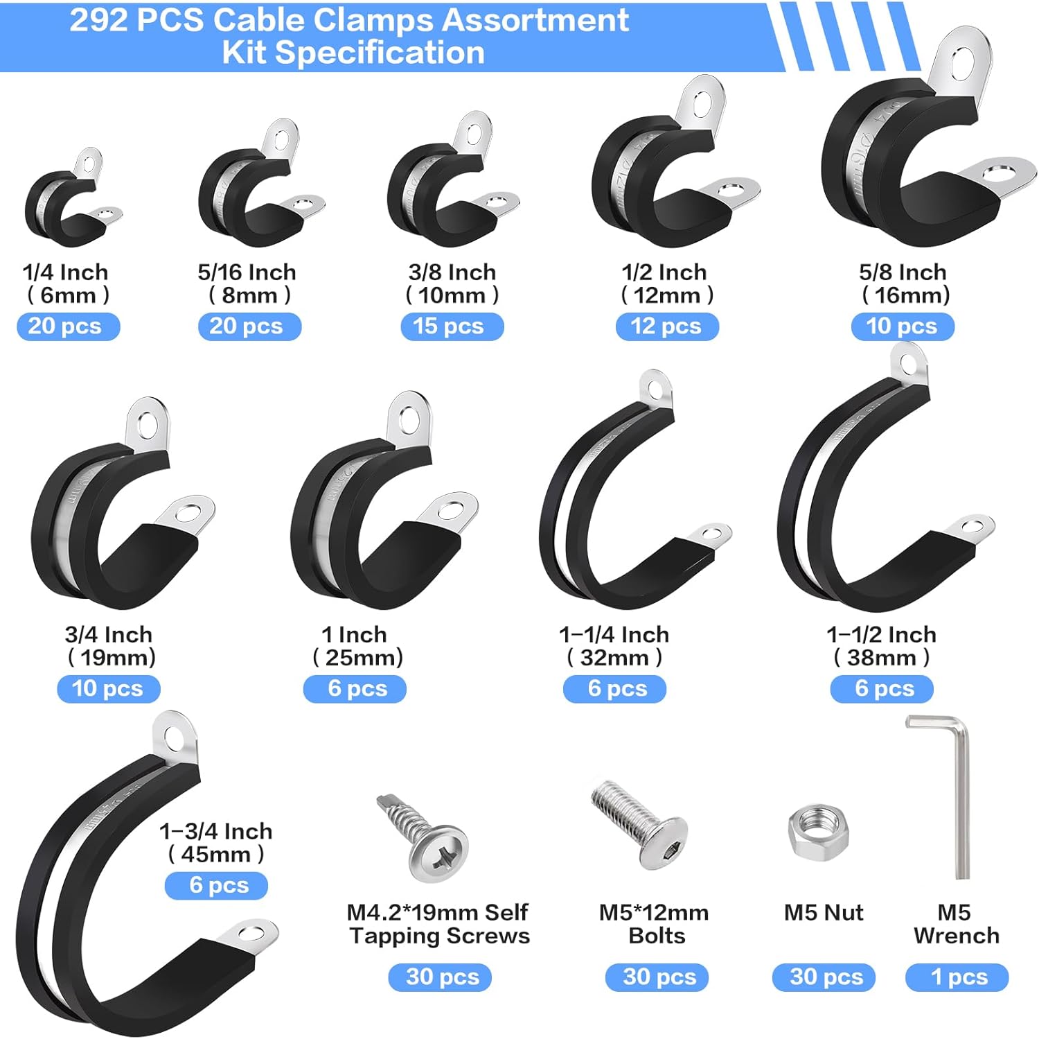 292PCS Cable Clamps Assortment Kit, 10 Sizes-1/4 5/16" 3/8" 1/2" 5/8" 3/4" 1" 1-1/4" 1-1/2" 1-3/4" 304 Stainless Steel Pipe Clamp with 2 Kinds of Screws for Hose,Tube,Automotive,Fuel Line