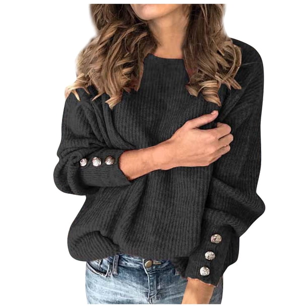 Gibobby Casual Suéter para Mujer, Suéter de manga larga para mujer, cuello redondo(Negro,M)
