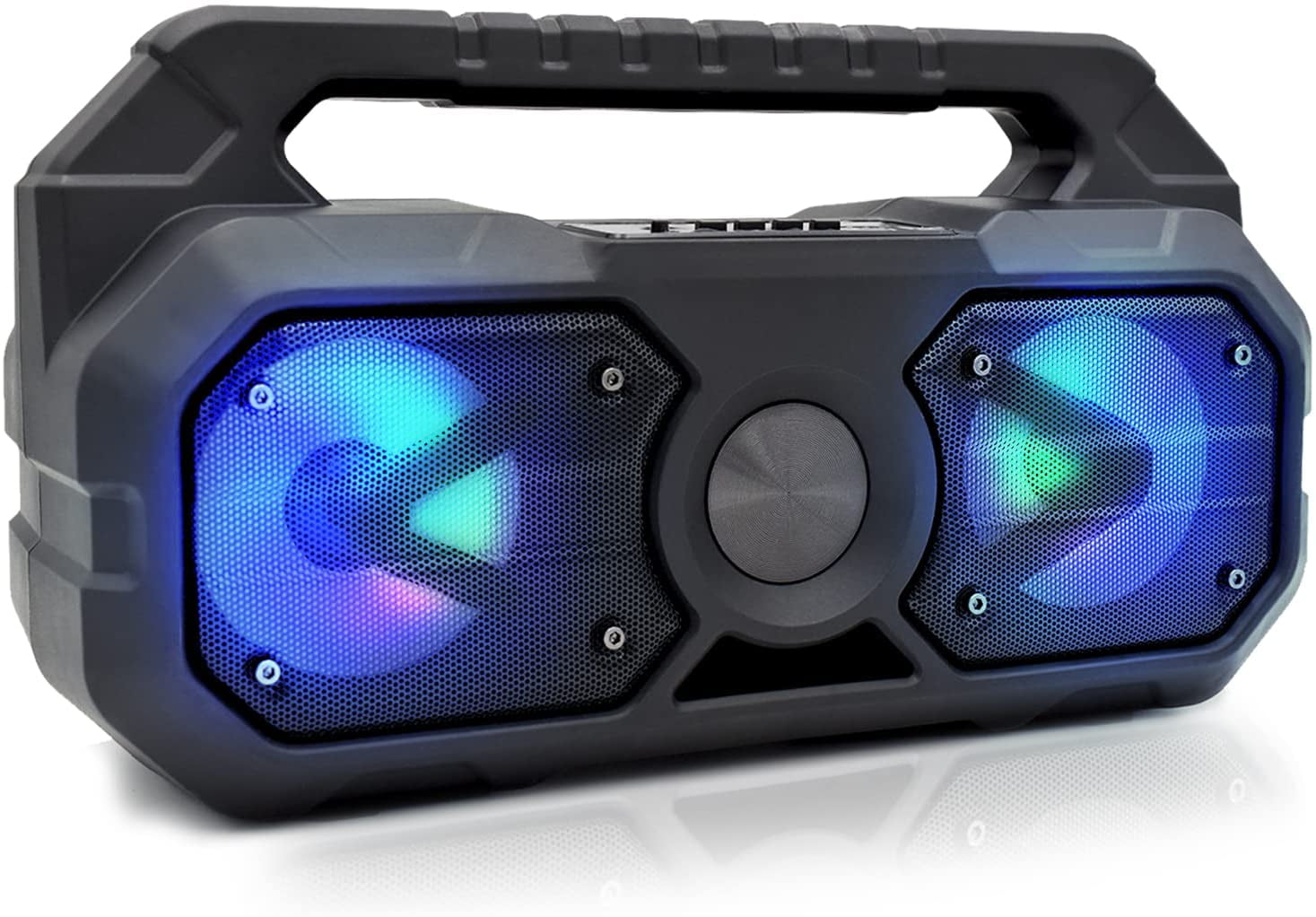 COBY Wireless Bluetooth Speaker with Subwoofer and Party Lights, FM Radio Mic Input. Portable
