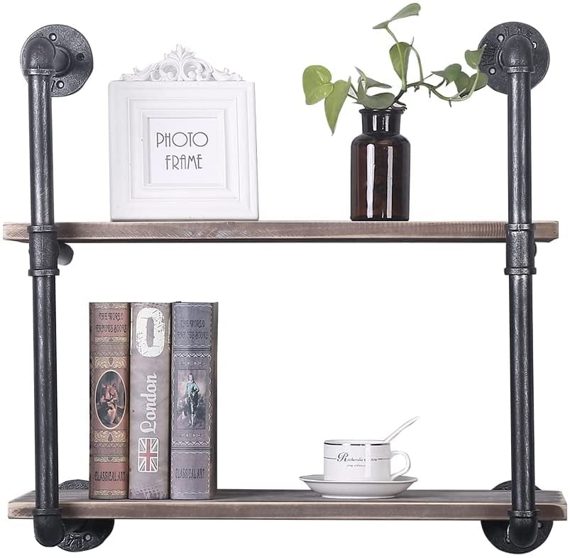 GEDUBIUBOO Industrial Pipe Shelving Wall Mounted Rustic Metal Floating Shelves Real Wood Book