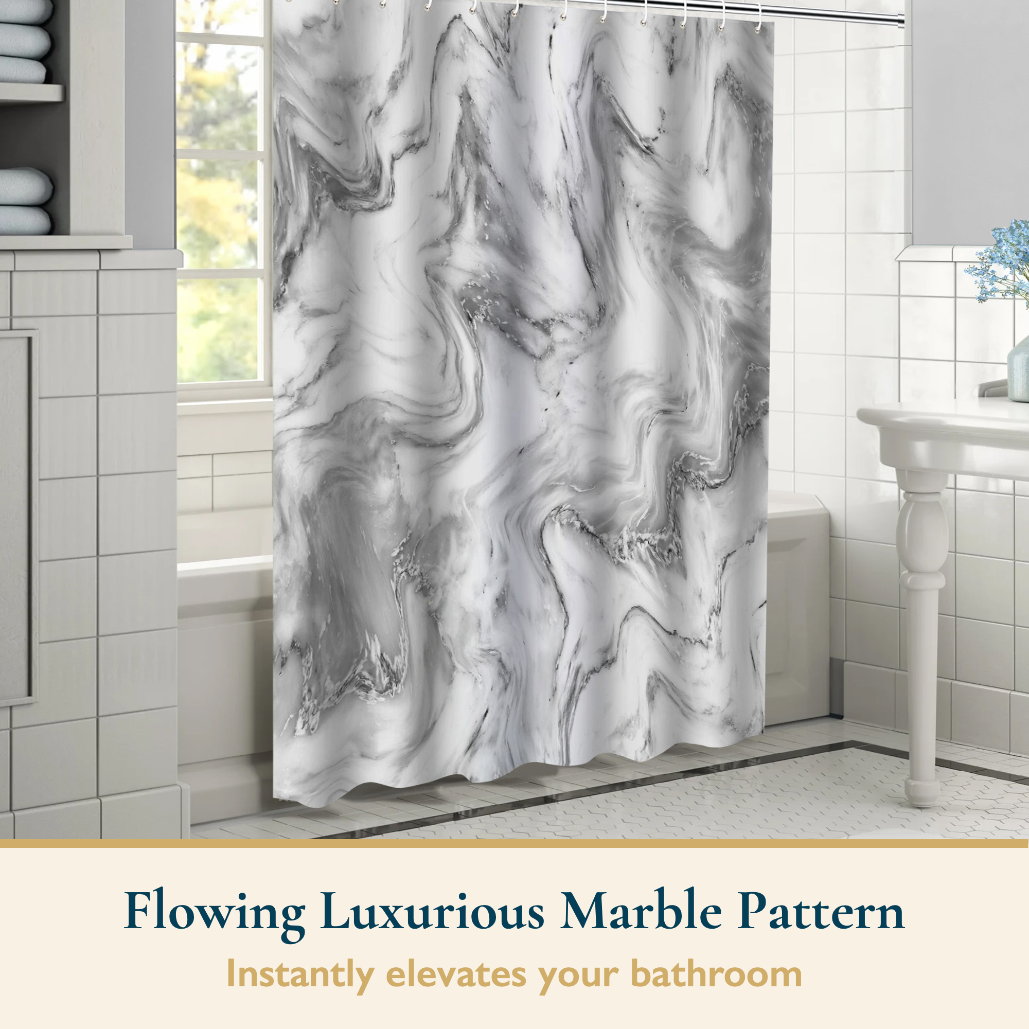 ComfiTime Marble Shower Curtain, Gray, 72x72", With Hooks photo 2