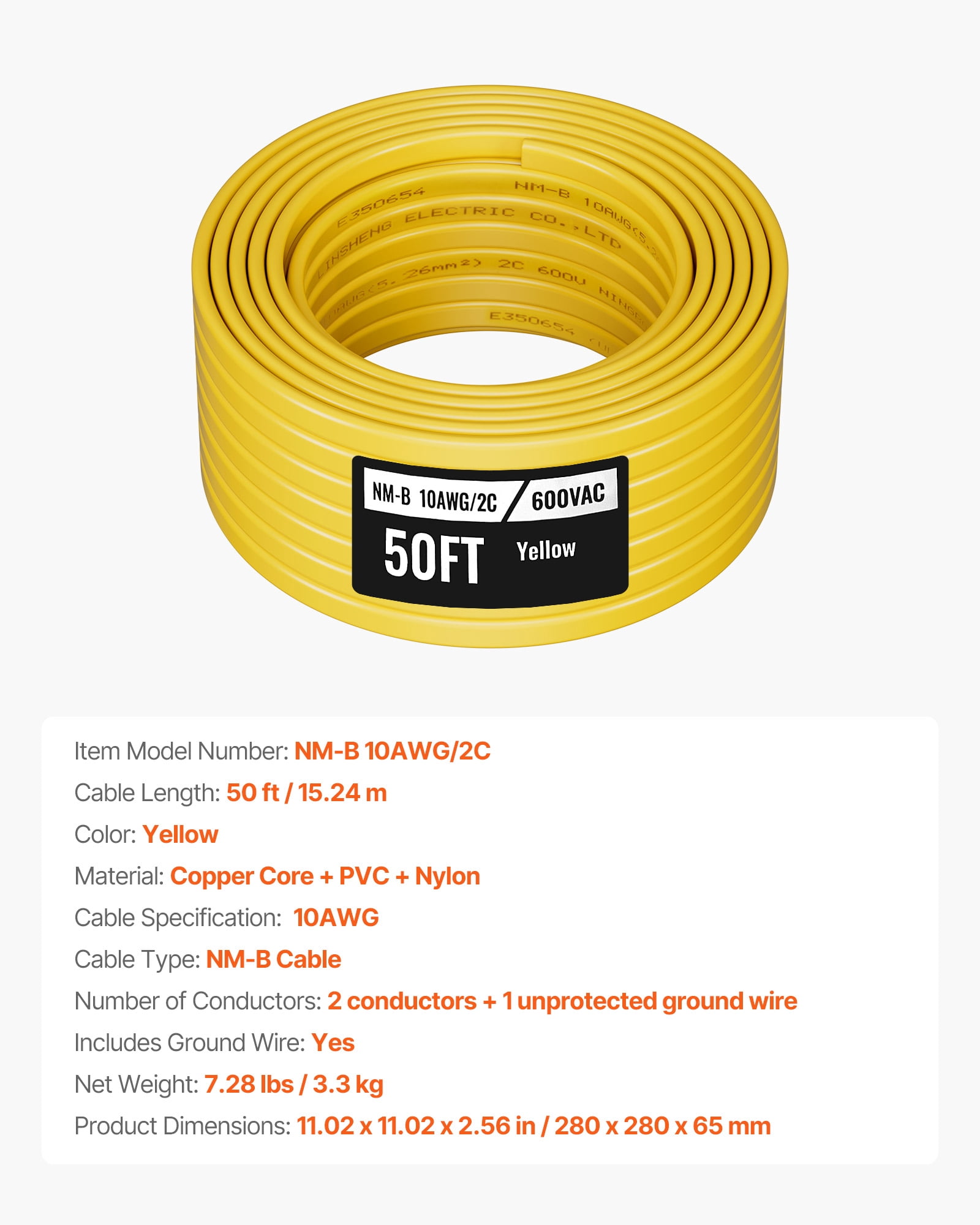 VEVOR NM-B Wire, 10AWG/2C Non-Mettalic Residential Indoor Electrical Wire with Ground, PVC Sheathed High-Purity Copper Core Cable, for Outlets, Switches, Other Loads & Lighting Wiring Projects