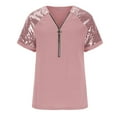 thumbnail image 3 of Summer Saving Wycnly Womens Shirts V-Neck Short Sleeve Solid Summer Cute Tops Going Out Sequin Patchwork Quarter Zip Plus Size Tunic Blouses Pink xxxxl Clearance Clothes, 3 of 5