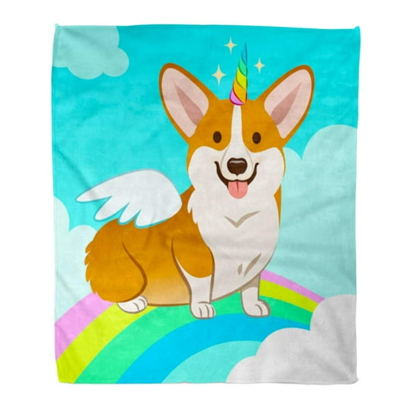 POGLIP Flannel Throw Blanket Unicorn Corgi Dog Horn and Wings Cartoon Cute Puppy in The Sky Rainbow Clouds Smiling Tongue Out 58x80 Inch Lightweight Cozy Plush Fluffy Warm Fuzzy Soft