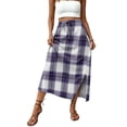 thumbnail image 4 of Women's Plaid Print Elastic Waist Long Skirt Summer Casual Elegant High Waist A-Line Maxi Skirts Purple L, 4 of 6