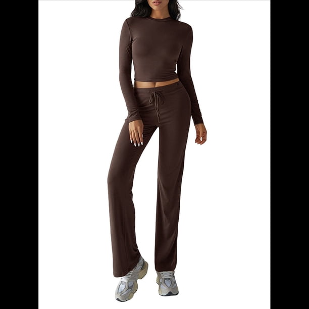 Conjuntos de 2 Piezas para Mujer, Larga, Cuello Redondo, Pantalones Acampanados de Cintura Alta, Conjuntos de Chándal, Ropa de Calle. Marrón XL