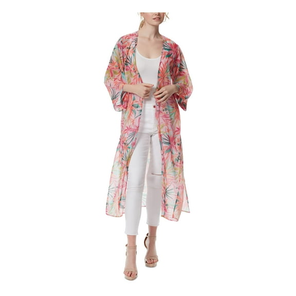 JESSICA SIMPSON Womens Pink Sheer Slitted Collarless Printed 3/4 Sleeve Open Front Kimono Cardigan M