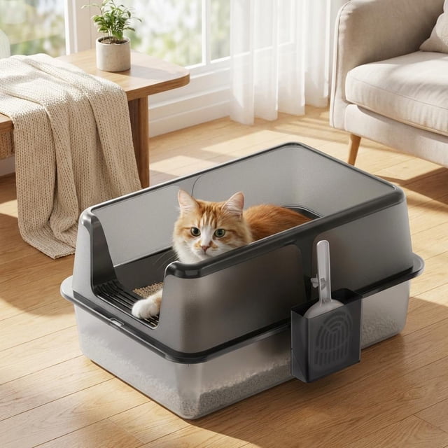 CazToi Stainless Steel Cat Litter Box with Lid & Scoop Leak-Proof Non-Stick 6" Deep