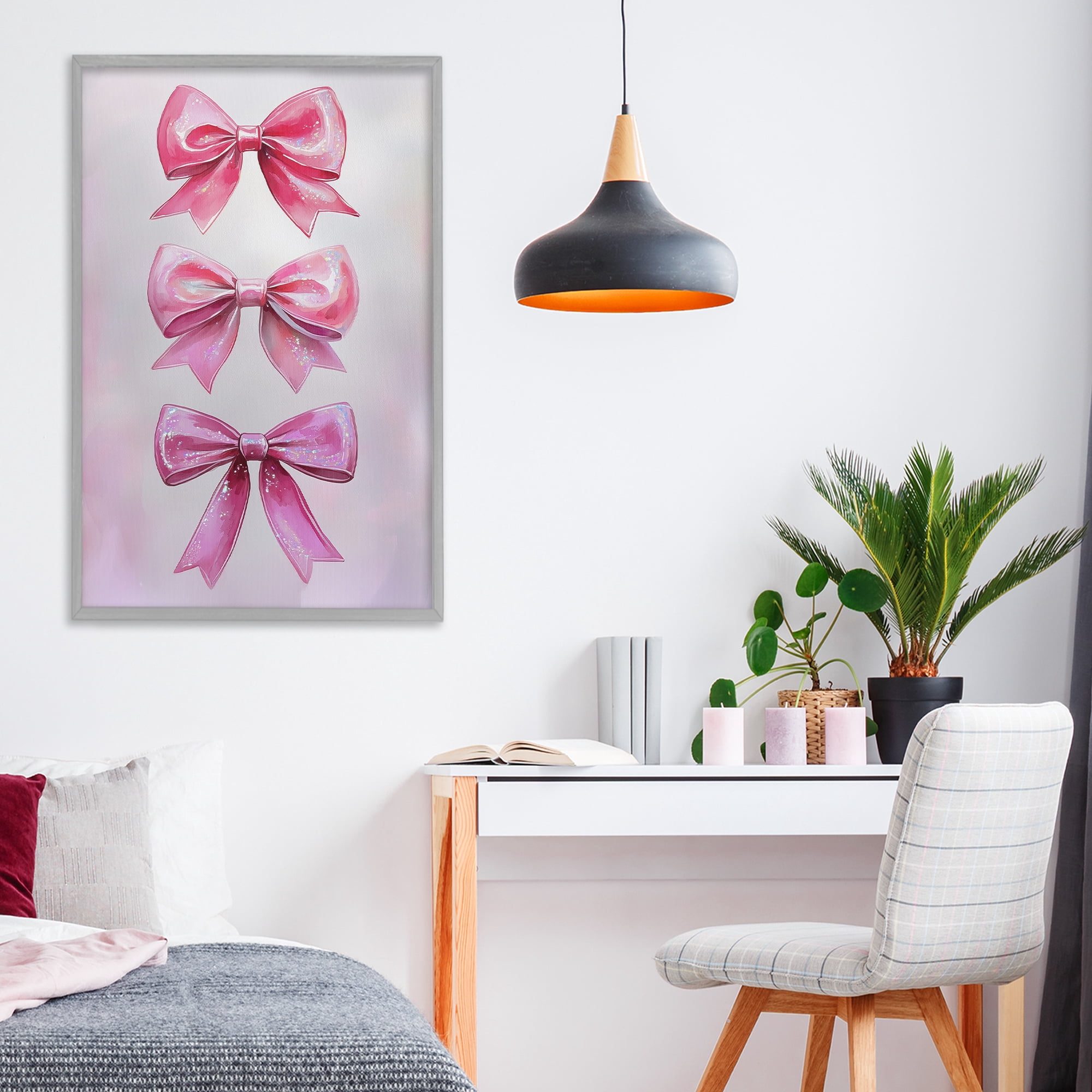 Stupell Industries Blush And Satin Ribbons Gray Framed Giclee Art, design by Annabelle Hall