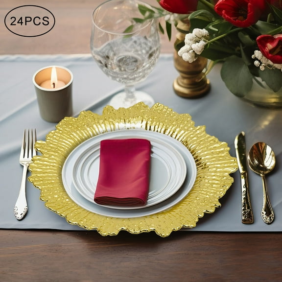 FETCOI 24 Pack Charger Plates 13" Plastic Reef Dishes Plate Chargers for Wedding Dinner (Gold)