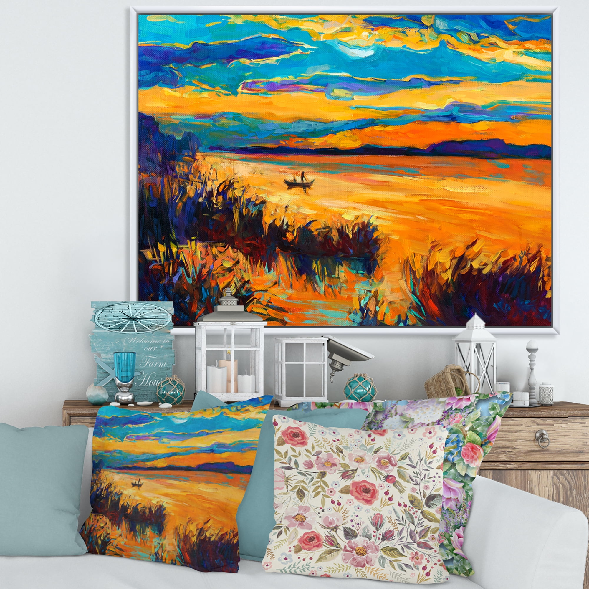 Designart 'Little Boat At The Horizon Of A Lake During Evening Glow' Nautical & Coastal Framed Canvas Wall Art Print