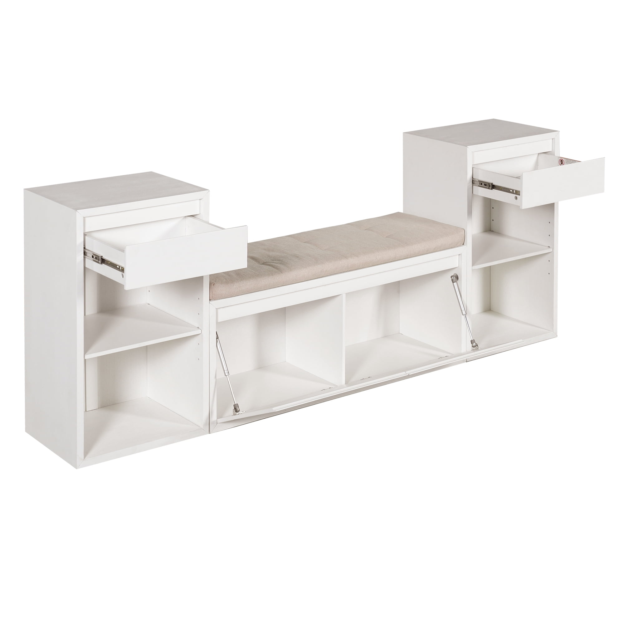Euroco All-in-One Entryway Storage Bench with Cushion,3-Tier Shoe Bench with Open Shelves, 2 Drawers & 2 Doors, 77" Long Organizer Cabinet for Hallway,Entryway, Living Room, Bedroom,White