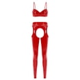 thumbnail image 1 of Doomiva Women's Solid Color PVC Leather Leggings Set Backless Halter Cami Top Crotchless Underwear B Red XXL, 1 of 3