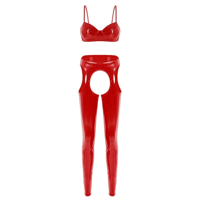Doomiva Women's Solid Color PVC Leather Leggings Set Backless Halter Cami Top Crotchless Underwear B Red XXL