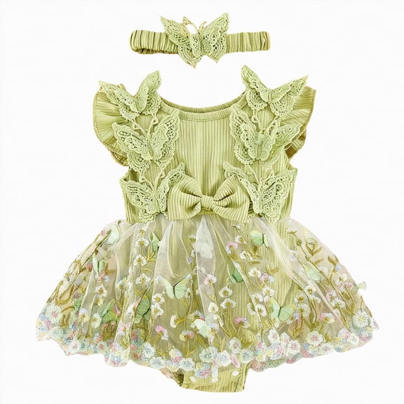 Yindaity Newborn Girl Dresses Newborn Dress Baby 0-3 Infant Girl Outfit Sleeveless Tulle Ribbed Romper Pink Dress with Hairband(6-9 Months,Green)
