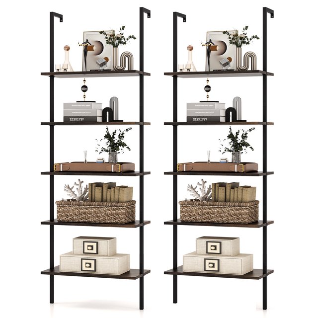 Gymax 2 PCS 5 Tier Ladder Shelf 71'' Wall-Mounted Bookshelf Display Storage Organizer
