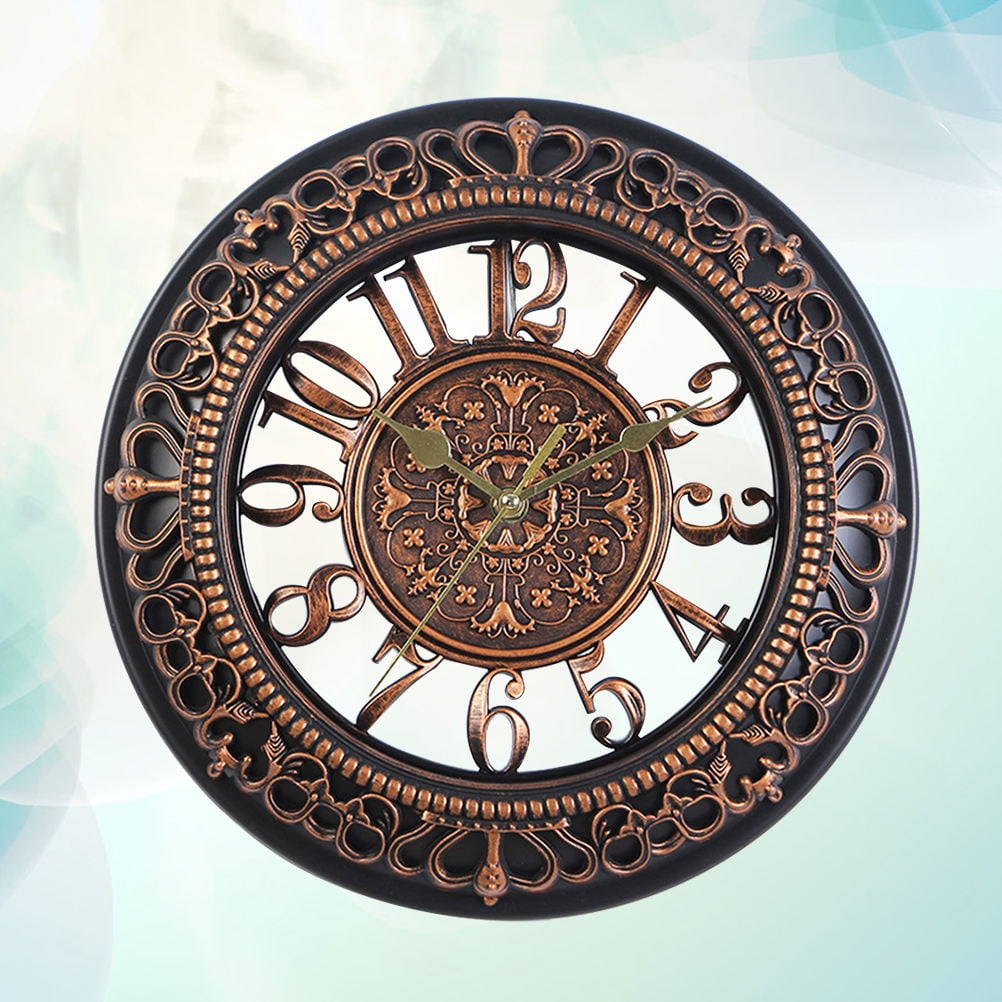 WHAMVOX Vintage Dial Clock European Hollowed-out Silent Clock 3D Round Large Decorative Wall Clock for Living Room Bedroom Kitchen(Bronze)