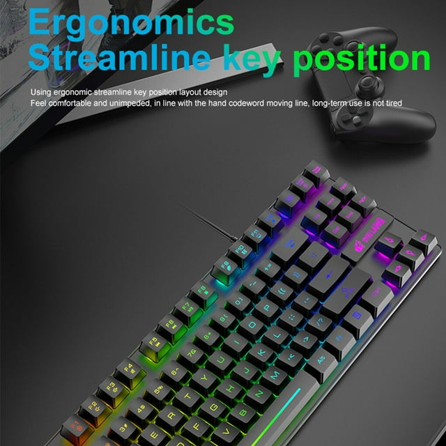 Clavier Rétroéclairé à LED Filaire 87 Touches PC Mécanique Éclairé Claviers Noirs Anti-Débordement Accessoires pour Ordinateur Portable Cadeaux pour Garçons Tablette Noir