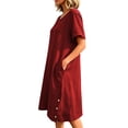 thumbnail image 6 of NTACZA Casual Dresses for Women Side Button Cotton Lien Shift Round Neck Short Sleeve Midi Casual Solid with Pockets Loose Vacation Beach Red L, 6 of 6