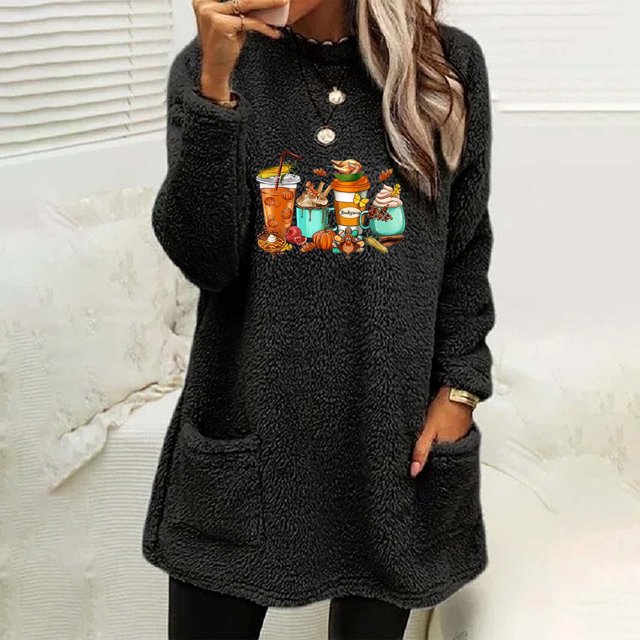 Aguichant Hauts pour Femmes Col Rond et Hiver Ample Imprimé Poche Chaud Manches Longues Blouse Hauts Col Rond Chandails en Molleton en Liquidation