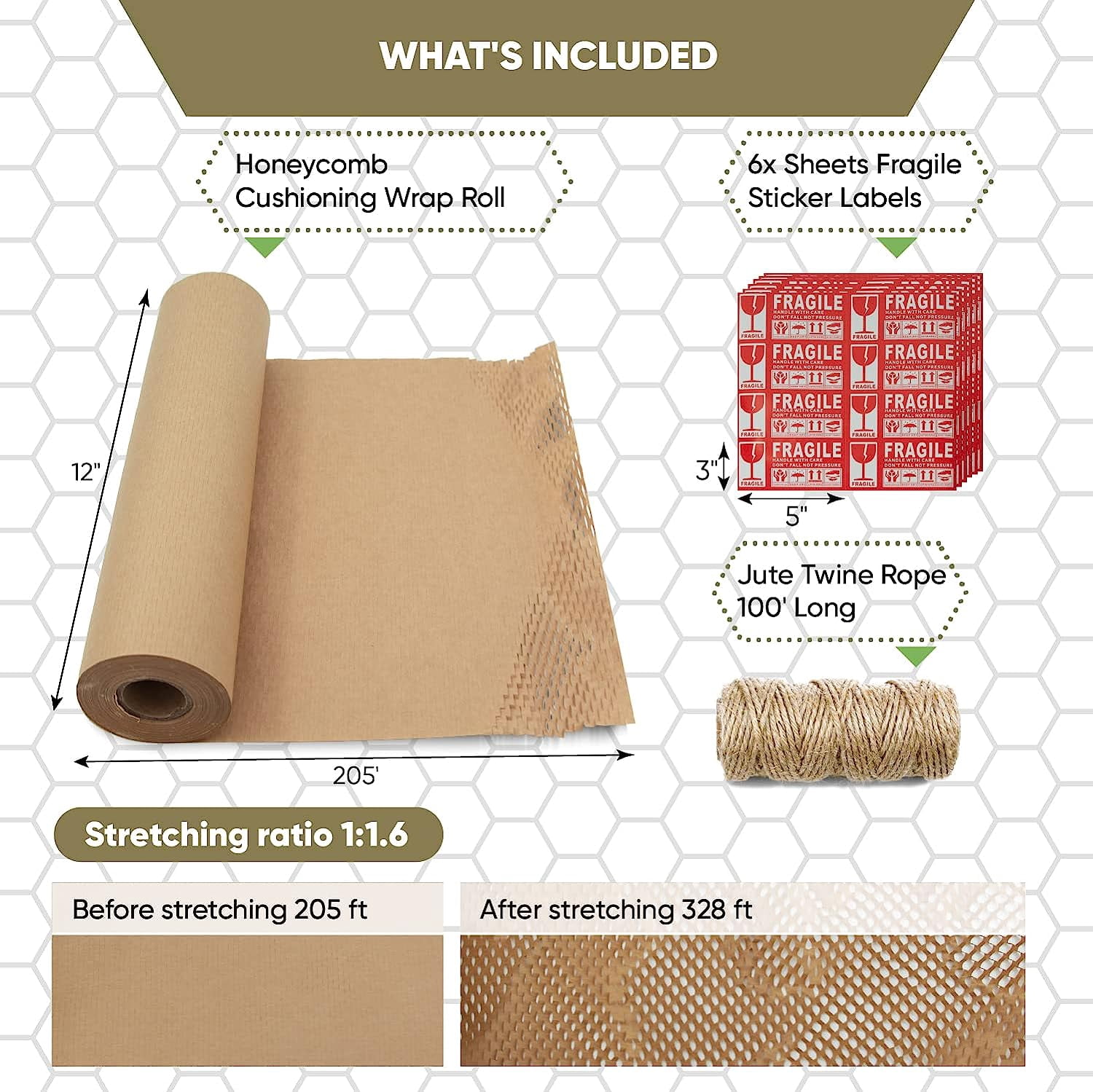 ecoducer 12”x200’ Honeycomb Packing Paper for Moving plus Fragile Stickers and Jute Twine. Eco Friendly Packing Materials Alternative to Bubble Plastic Packing Wrap. Kraft Paper Packaging Roll