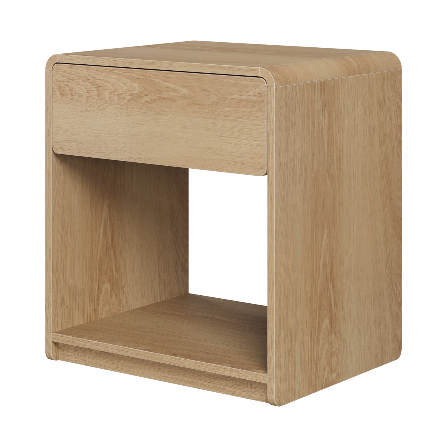 Hommoo Mid-Century Modern Bedside Table Set of 2, Wooden Nightstand with Hidden Drawer & Open Shelf, Rounded Corner Design for Bedroom or Living Room, Natural