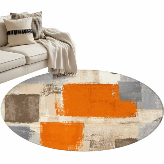 Burnt Orange Grey Round Area Rug 4 FT, Non Slip Indoor Outdoor Rug, Abstract Modern Oil Painted Geometric Washable Soft Circular Carpet Non-Shedding Floor Mat for Coffee Table Nursery Foyer Balcony