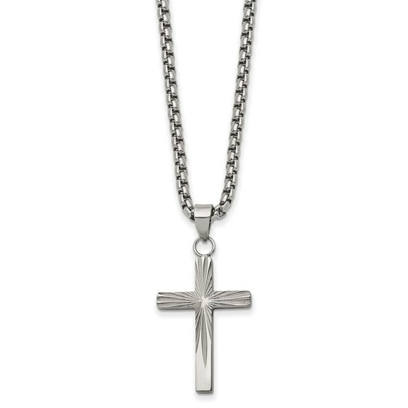 Auriga Fine Jewelry Stainless Steel Polished and Textured Sunburst Design Cross Pendant on a Box Chain Necklace for Men 24"