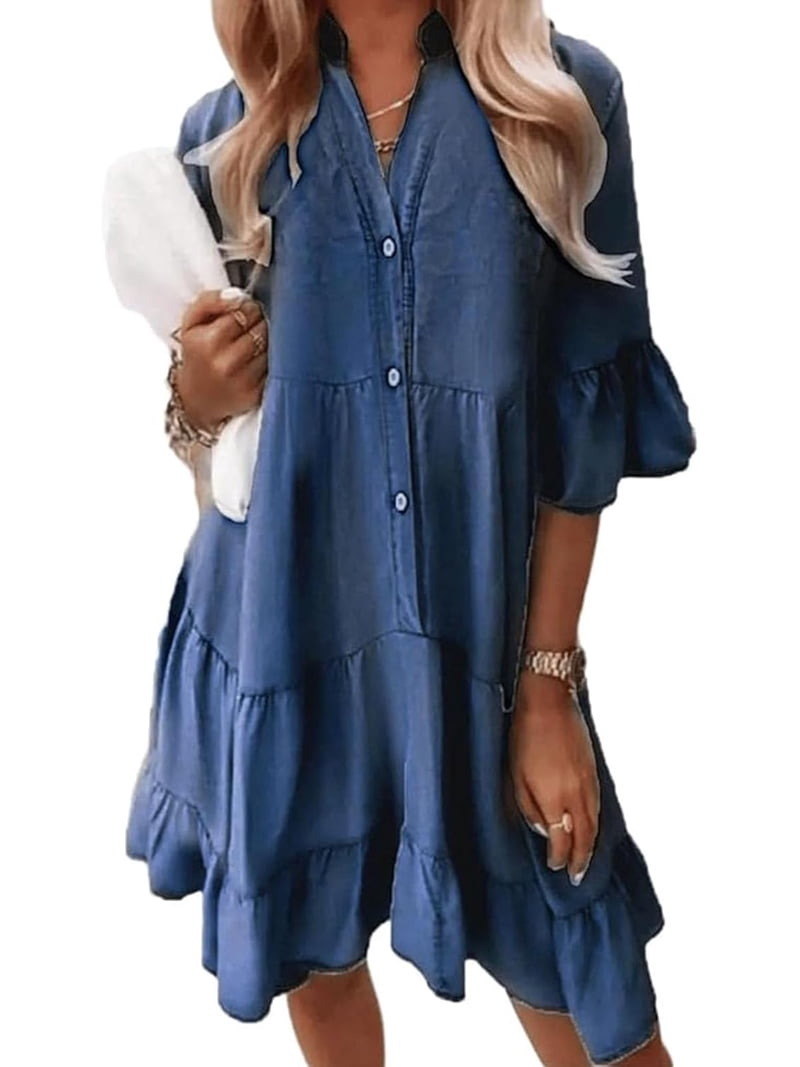 V-Neck Ruffle Trim Summer Dress Lightweight Denim Look V-Neck Ruffle Trim Summer Dress Lightweight Denim Look