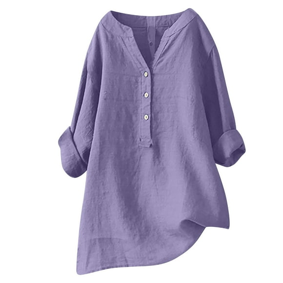 LMKIHUSA Ladies Cotton Linen Summer Tops Long Sleeve Tunic Tops for Women V Neck Plain Button Down Blouses Plus Size Loose Fitted Tees Casual Trendy Summer 2025 T Shirt Purple,XXXXXL