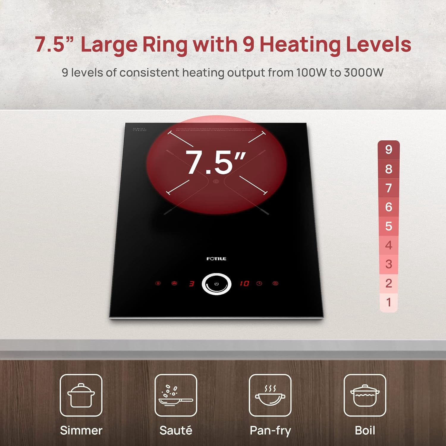 FOTILE 12 Inch Induction Cooktop with 3000W Output Power and 9 Power Levels