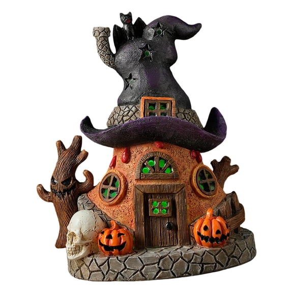 Halloween Figurine Fairy Garden House Enchanted Stone Cottage with Color Changing LED Lights for Party Cabinet