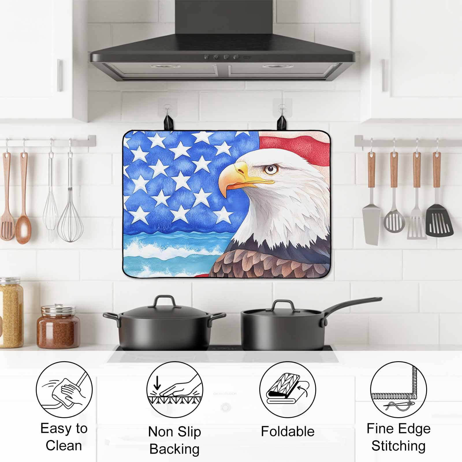 American Flag Stove Top Cover for Electric Stove, Heat-proof & Non Slip Glass Top Stove Cover Protector, Country Eagle Independence Day Blue Red Kitchen Flat Cooktop Rubber Mat 24x21 Inches