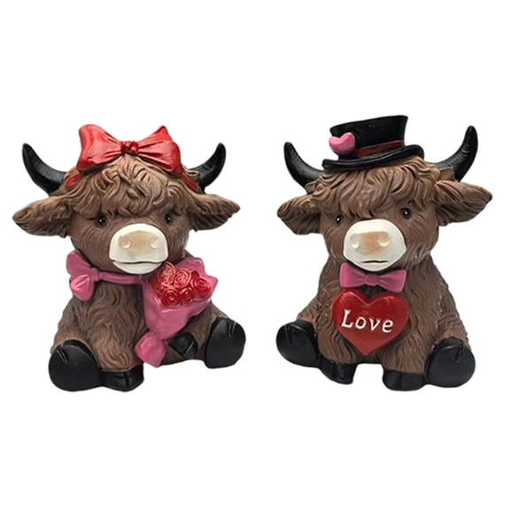 2 Pack Valentine's Day Highland Cow Couple Figurines – Love Heart Statue with Rose, Sweet Valentines Table Decoration for Farmhouse, Tiered Tray, Garden Home
