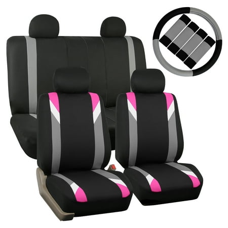FH Group Car Seat Covers Premium Modernistic for Sedan, SUV, Van, Full Set w/ Steering Cover & Belt Pads, Pink Black