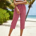 thumbnail image 4 of Gingham Capris for Women Petite Linen Cropped Pant Lightweight Dressy Casual Wide Leg Elastic Waist Summer Pull on Ladies Palazzo Capri Trouser with Pockets Red 3XL, 4 of 6