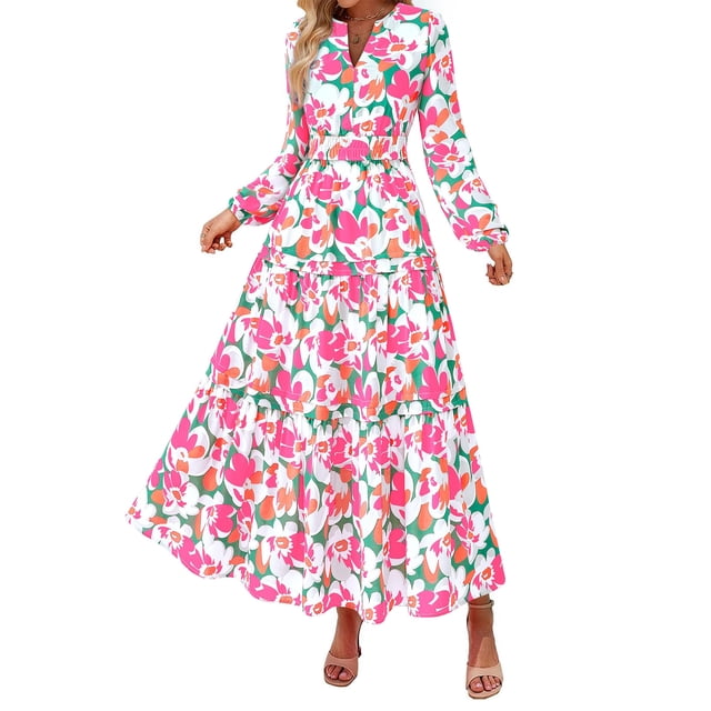Vestido PRETTYGARDEN 2025 Boho Floral de Manga Larga Maxi Talla Grande