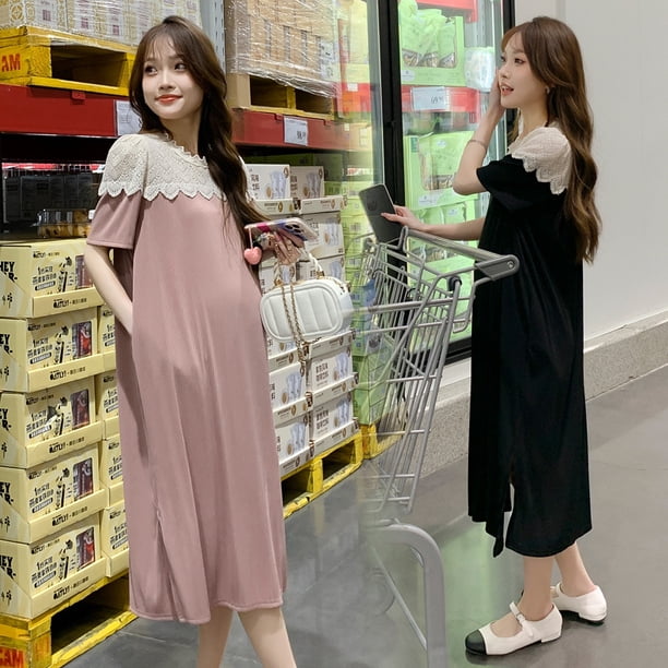 Ropa de verano de talla grande para embarazadas, vestido para mujer, costura de encaje que combina con todo