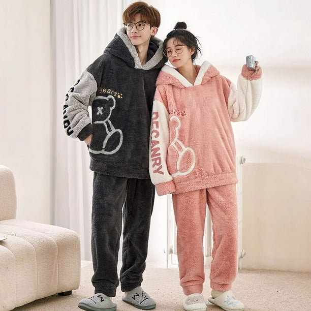 Conjunto de pijama de felpa de franela gruesa para hombre y mujer ropa de dormir de manga larga sudaderas con capucha de dibujos animados dulces calido 7 estilos Invierno Walmart en linea